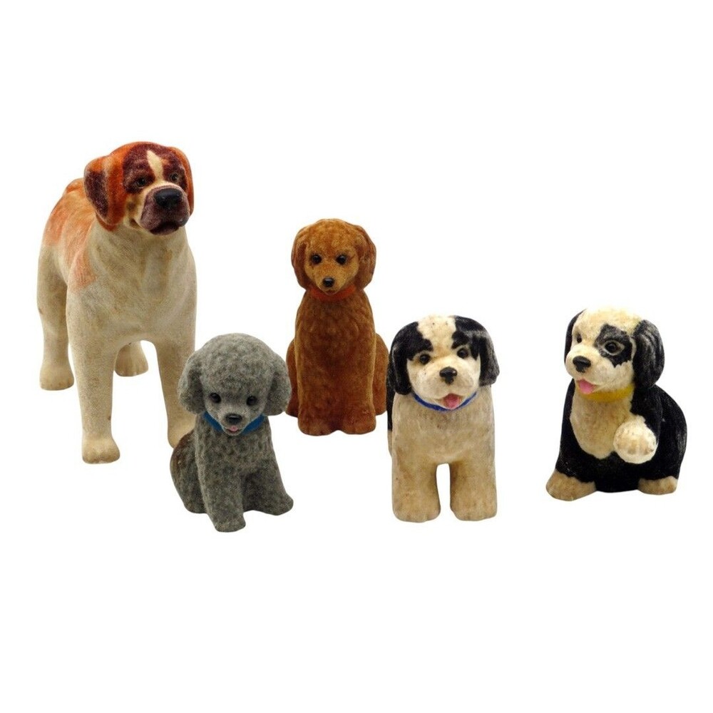 Vintage Lot of 5 Flocked Dog Figurines St. Bernard, Poodles and Spaniels